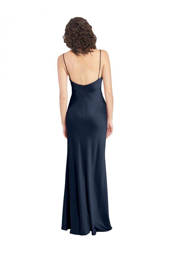 Cowl Neck Long Empire Waist Formal Stretch Satin Bridesmaid Dress with Open Back