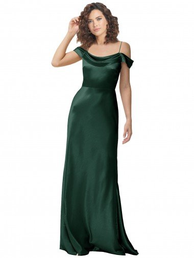Shop Off the Shoulder Sleeves Long Formal Stretch Satin Bridesmaid Dress / Prom Dress with Pleated Draped Neckline London