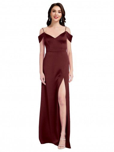 Shop Draped Off the Shoulder Sleeves Slim A-Line Formal Stretch Satin Bridesmaid Dress / Prom Dress with Side Slit London