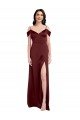 Draped Off the Shoulder Sleeves Slim A-Line Formal Stretch Satin Bridesmaid Dress / Prom Dress with Side Slit