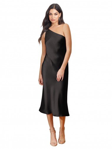 Shop Sleek One Shoulder Midi Length Short Cocktail Formal Stretch Satin Slip Bridesmaid Dress / Prom Dress London