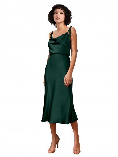 Shop Spaghetti Straps Tie Shoulders Cowl Neck Short Midi Length Formal Stretch Satin Cocktail Bridesmaid Dress / Prom Dress London