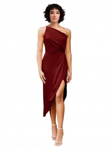 Shop One Shoulder Cocktail Midi Length Short Formal Stretch Satin Wrap Style Bridesmaid Dress / Prom Dress London