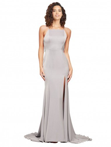 Shop High Neck Low Back Long Full Length Formal Stretch Satin Bridesmaid Dress / Prom Dress London