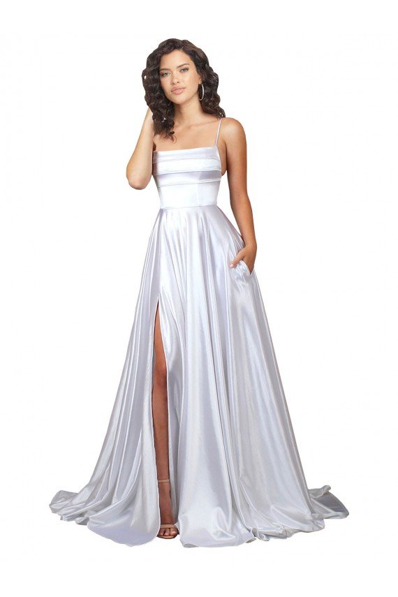 Simple A-Line Corset Style Pleated Long Stretch Satin Beach Wedding Dress with High Slit