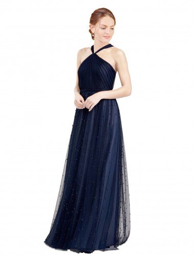 Shop Floor Length Long Halter Pleated Tulle Bridesmaid Dress London