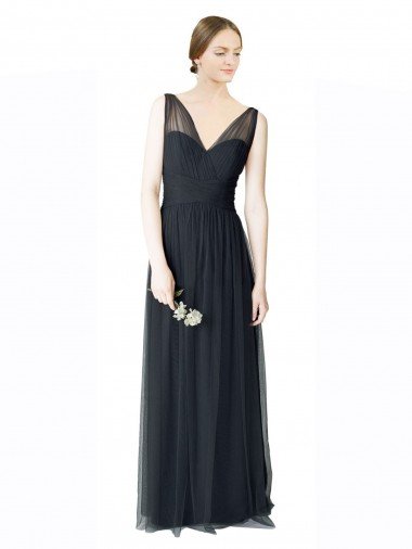 Shop Long Tulle Bridesmaid Dress with Illusion Shoulder Straps and V-Back London