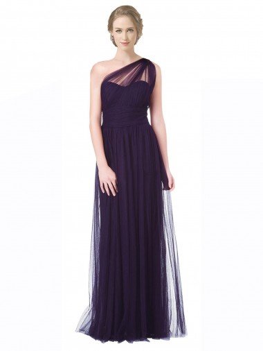 Shop One Shoulder Long Tulle Bridesmaid Gown with Sheer Netting Strap London