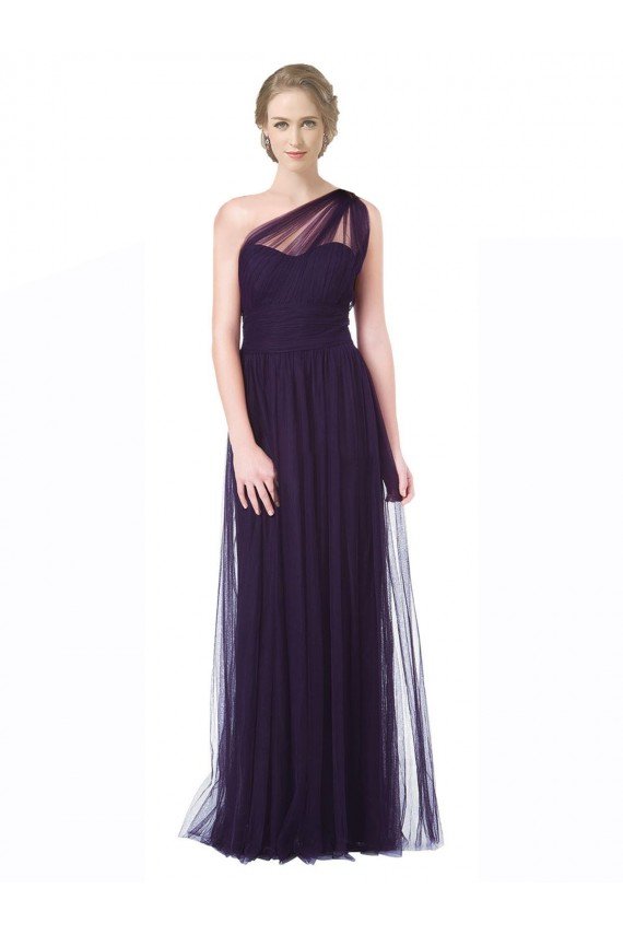One Shoulder Long Tulle Bridesmaid Gown with Sheer Netting Strap
