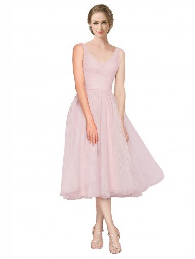 Shop Short Tea Length Wide Strap Plunge Cross Over Neckline Tulle Cocktail Bridesmaid Dress London