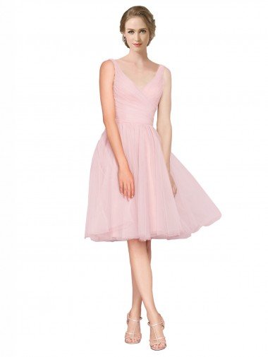 Shop Short Knee Length Wide Strap Plunge Cross Over Neckline Tulle Cocktail Bridesmaid Dress London