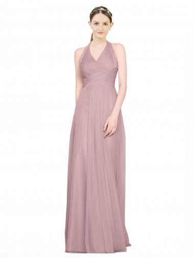 Shop Ruffled Halter V-Neck Long Tulle Bridesmaid Dress with Pleats London