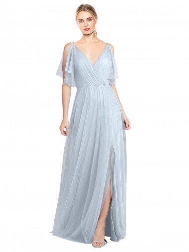 Shop Floor Length Flutter Sleeves Long Tulle Bridesmaid Dress with Side Slit London