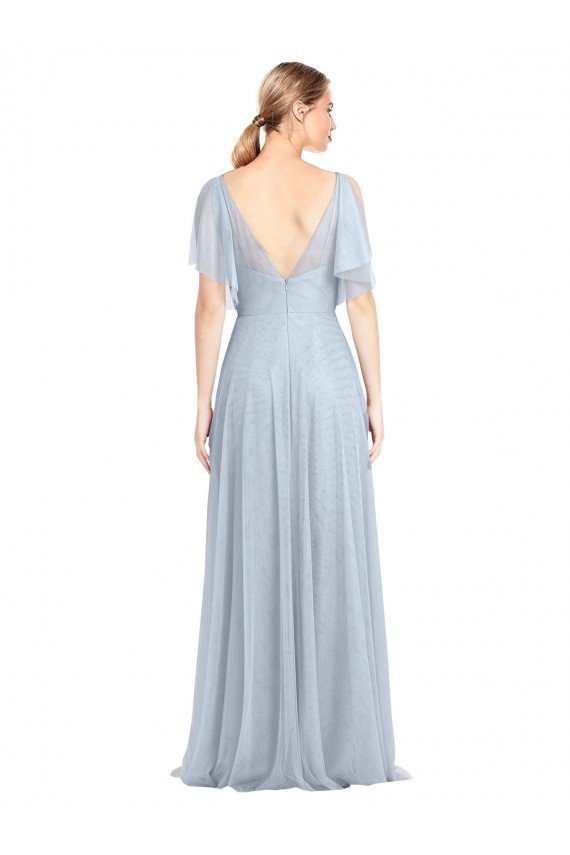 Floor Length Flutter Sleeves Long Tulle Bridesmaid Dress with Side Slit
