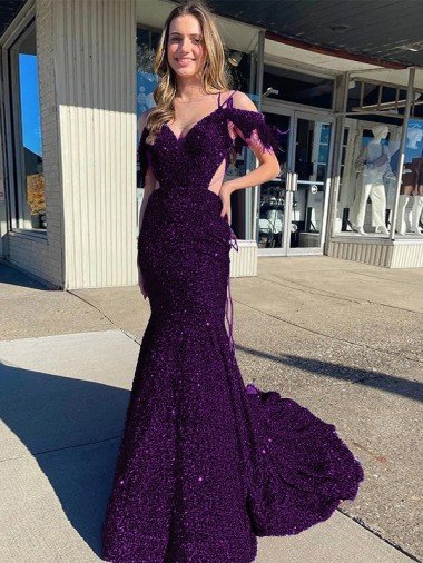 Shop Cold Shoulder Sleeveless Long Court Train Velvet Sequin Prom Dress London