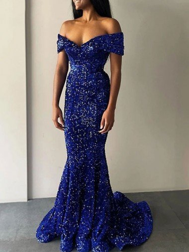 Shop Mermaid Off the Shoulder Sleeveless Long Sweep Train Velvet Sequin Prom Dress London