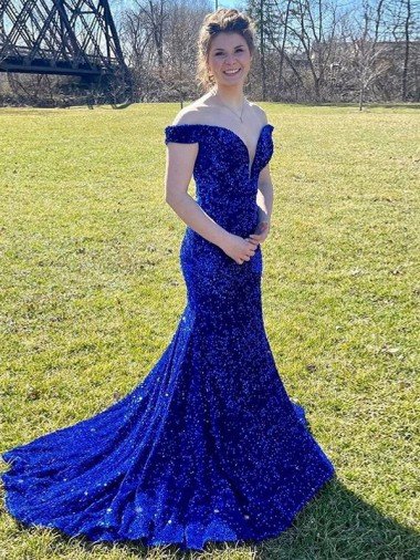 Shop Off the Shoulder Sleeveless Long Sweep Train Velvet Sequin Prom Dress London
