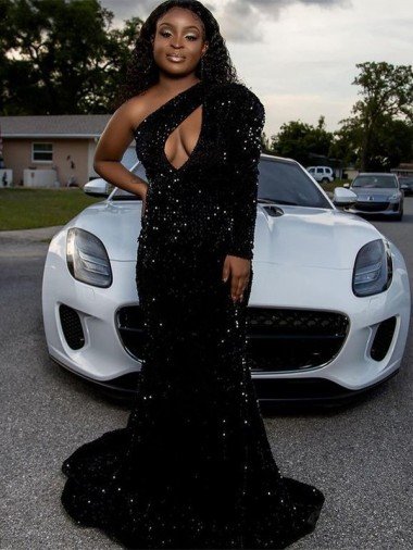 Shop One Shoulder Long Sleeves Long Sweep Train Velvet Sequin Prom Dress London