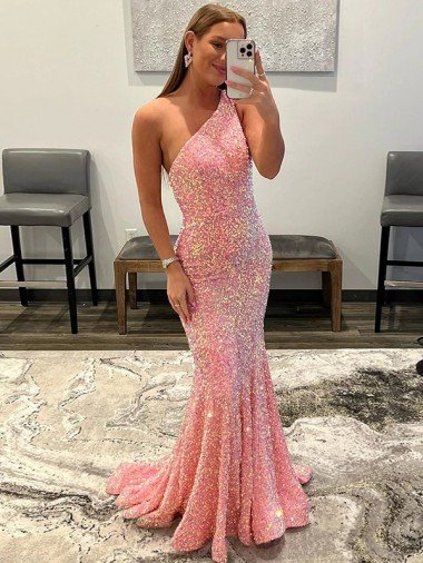 Shop Open Back One Shoulder Sleeveless Long Sweep Train Velvet Sequin Prom Dress London