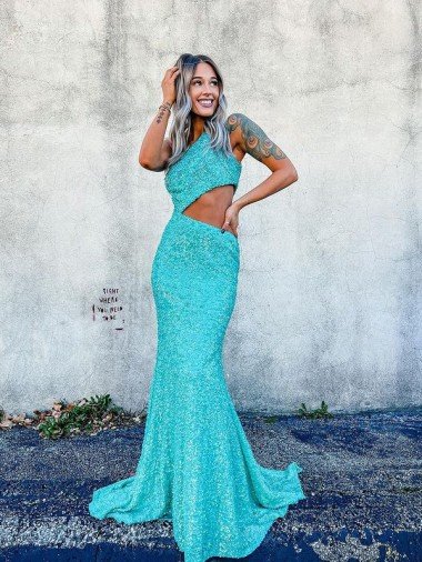 Shop Mermaid One Shoulder Sleeveless Long Sweep Train Velvet Sequin Prom Dress London
