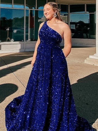 Shop A-Line One Shoulder Sleeveless Long Sweep Train Velvet Sequin Prom Dress with Pockets London