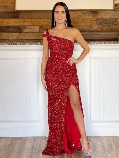 Shop One Shoulder Sleeveless Long Sweep Train Velvet Sequin Prom Dress London