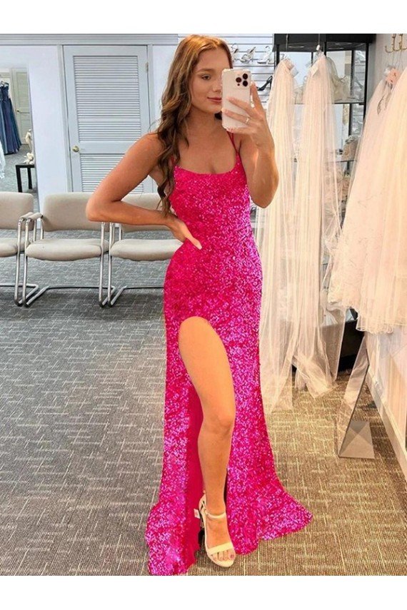 Spaghetti Straps Sleeveless Long Velvet Sequin Prom Dress with Slit and Criss Cross Open Back