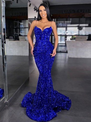 Shop Mermaid Spaghetti Straps Sleeveless Long Sweep Train Velvet Sequin Prom Dress London