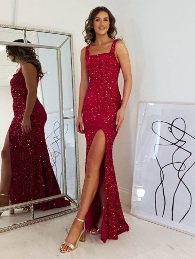 Shop Square Neck Sleeveless Long Velvet Sequin Prom Dress with Slit London