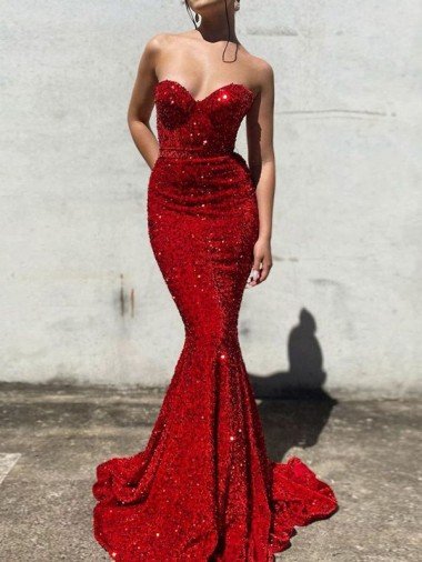 Shop Mermaid Sweetheart Sleeveless Long Court Train Velvet Sequin Prom Dress London