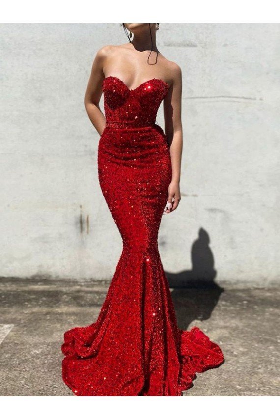 Mermaid Sweetheart Sleeveless Long Court Train Velvet Sequin Prom Dress