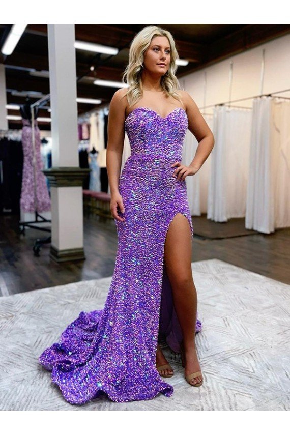 A-Line Sweetheart Sleeveless Long Velvet Sequin Prom Dress with Slit