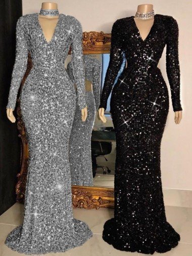 Shop V-Neck Long Sleeves Long Sweep Train Velvet Sequin Prom Dress London