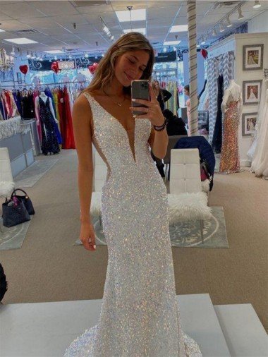 Shop V-Neck Sleeveless Long Velvet Sequin Prom Dress with Sweep Train London