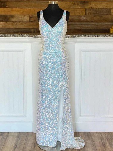 Shop V-Neck Sleeveless Long Sweep Train Velvet Sequin Prom Dress London