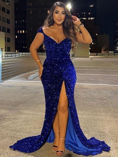 Shop V-Neck Sleeveless Long Sweep Train Velvet Sequin Prom Dress with Slit London