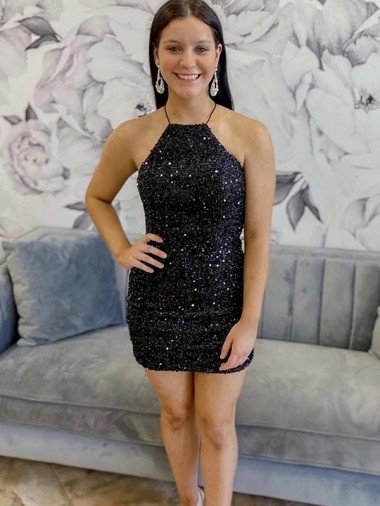 Shop Halter Sleeveless Short Velvet Sequin Homecoming Dress / Prom Dress London