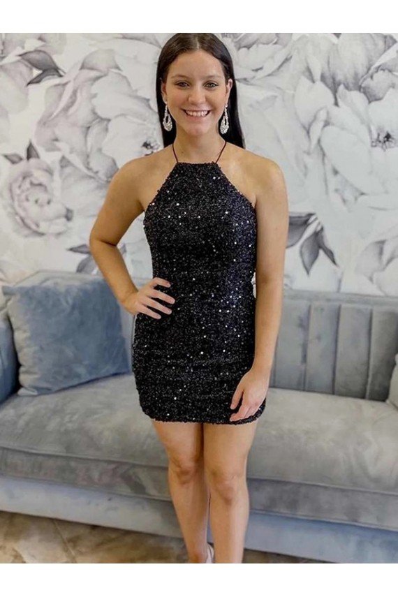Halter Sleeveless Short Velvet Sequin Homecoming Dress / Prom Dress
