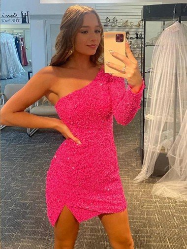 Shop Short Velvet Sequin One Shoulder Long Sleeves Homecoming Dress / Prom Dress London