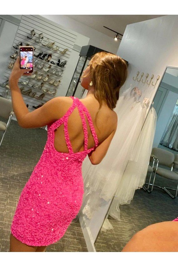 Short One Shoulder Sleeveless Velvet Sequin Homecoming Dress / Prom Dress