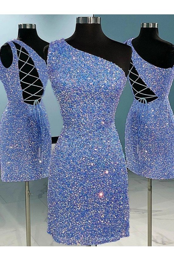 Short Velvet Sequin One Shoulder Sleeveless Homecoming Dress / Prom Dress