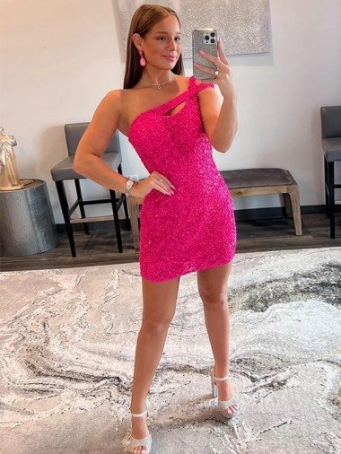 Shop Velvet Sequin One Shoulder Sleeveless Short Homecoming Dress / Prom Dress London
