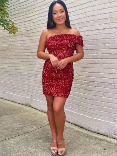 Shop Short One Shoulder Sleeveless Velvet Sequin Cocktail Homecoming Dress / Prom Dress London