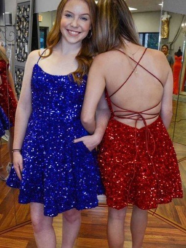 Shop A-Line Spaghetti Straps Sleeveless Short Velvet Sequin Homecoming Dress / Prom Dress London