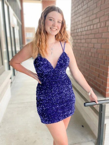 Shop Sleeveless Short Velvet Sequin V-Neck Homecoming Dress / Prom Dress London