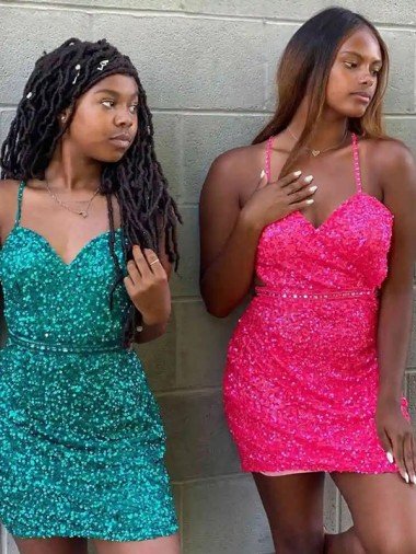 Shop V-Neck Sleeveless Short Velvet Sequin Cocktail Dress London