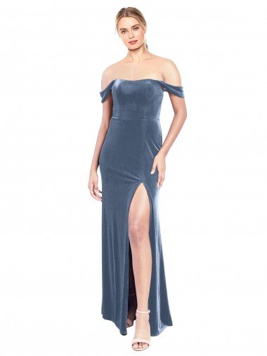 Shop Draped Sleeves Wide Scoop Neck Off the Shoulder Velvet Bridesmaid Dress / Prom Dress London