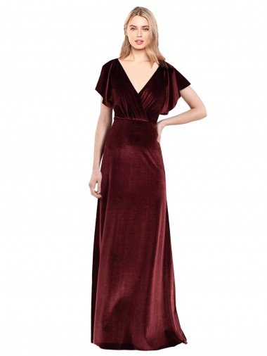 Shop Flutter Sleeves Open Back Long Velvet Bridesmaid Dress / Prom Dress London