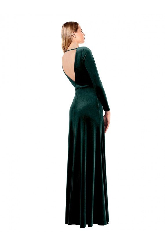 Plunging V-Neckline Long Sleeves Open Back Velvet Bridesmaid Dress / Prom Dress