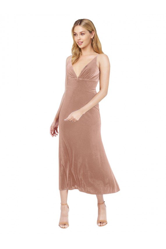 Midi Cocktail Length Short V-Neck Velvet Bridesmaid Dress / Prom Dress with Notched Neckline